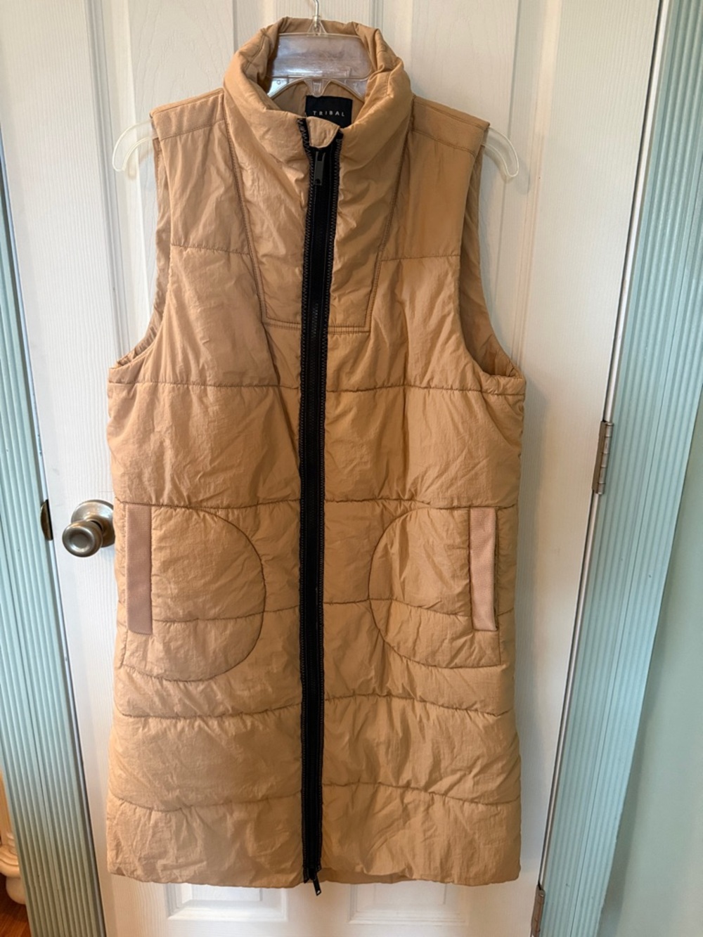 Tribal Beige Quilted Long Puffer Vest with High Collar.